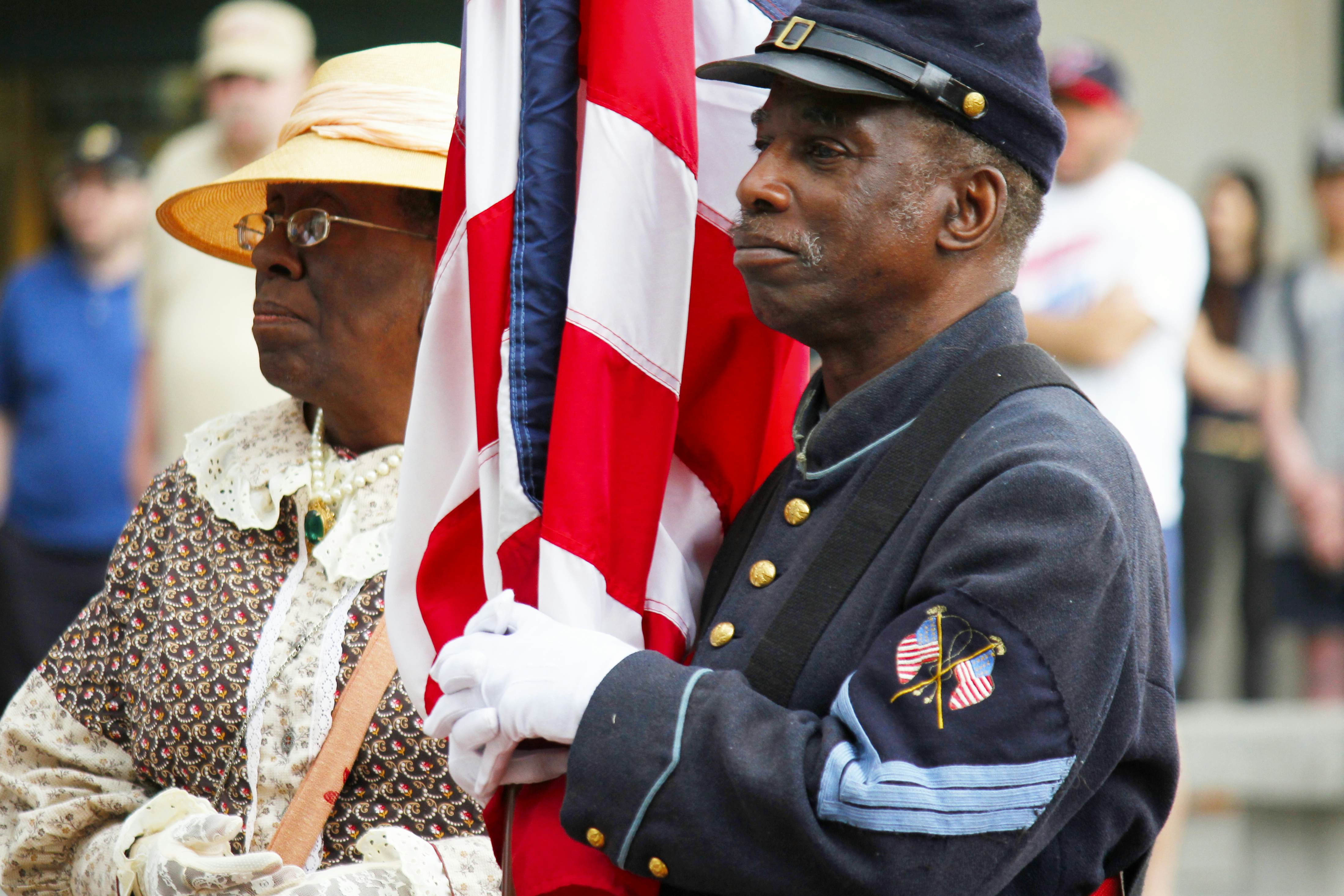 Philadelphia, PA, USA - June 14, 2019: Active members of the U.S. Armed Forces, veterans and historical re-enactors commemorate Flag Day at the National Constitution Center, in Philadelphia, Pennsylvania.